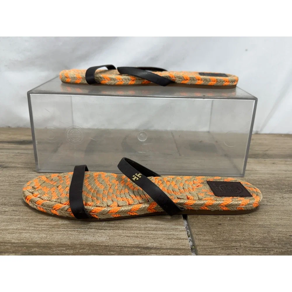 Tory‎ Burch Women Orange Tan Woven Rope Espadrille Sandals Brown Leather 9.5